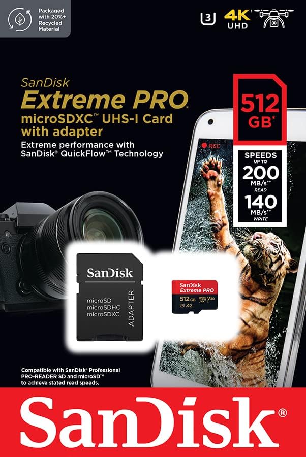 SanDisk 512GB Extreme Pro Durable, Captures 4K UHD Video, 200MB/s Read and 140MB/s SDSQXCD-512G-GN6MA