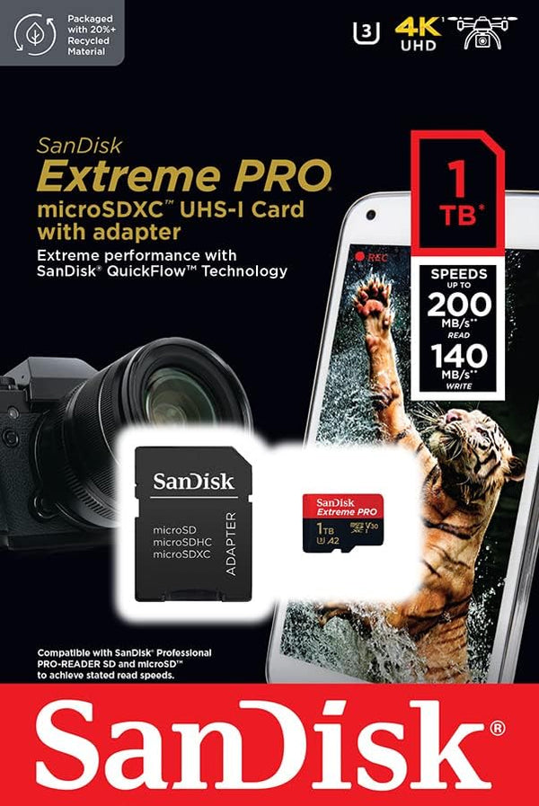 SanDisk Extreme PRO microSDXC UHS-I Memory Card 1 TB + Adapter 200 MB/s Transfer ‎SDSQXCD-1T00-GN6MA