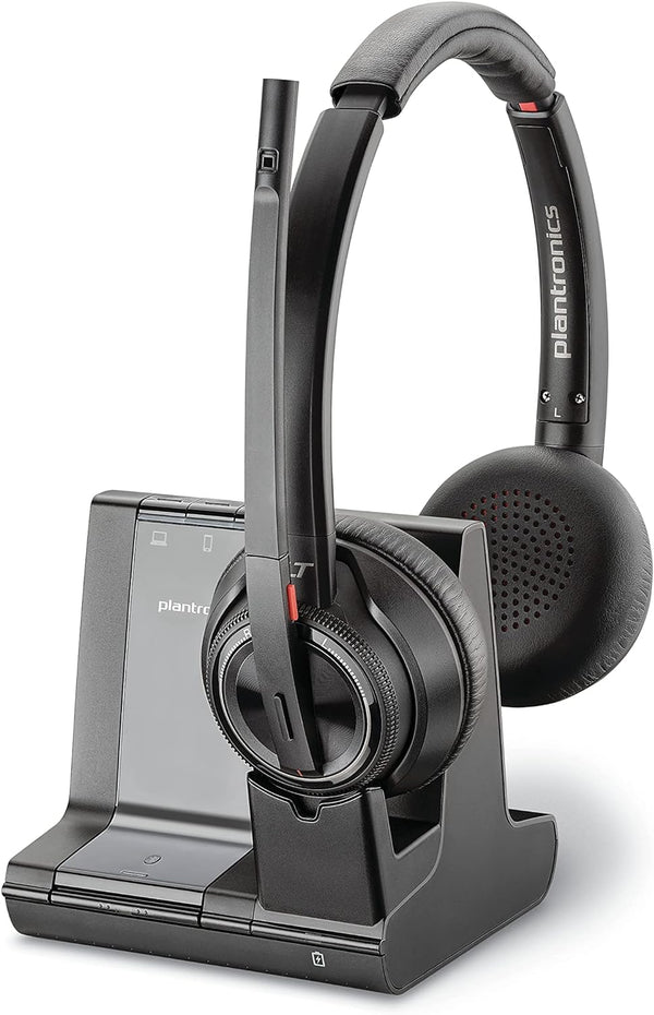 Plantronics - Savi 8220 Office Wireless DECT Headset (Poly) - Dual Ear (Stereo) - Compatible to connect to PC/Mac or to Cell Phone via Bluetooth - Works with Teams